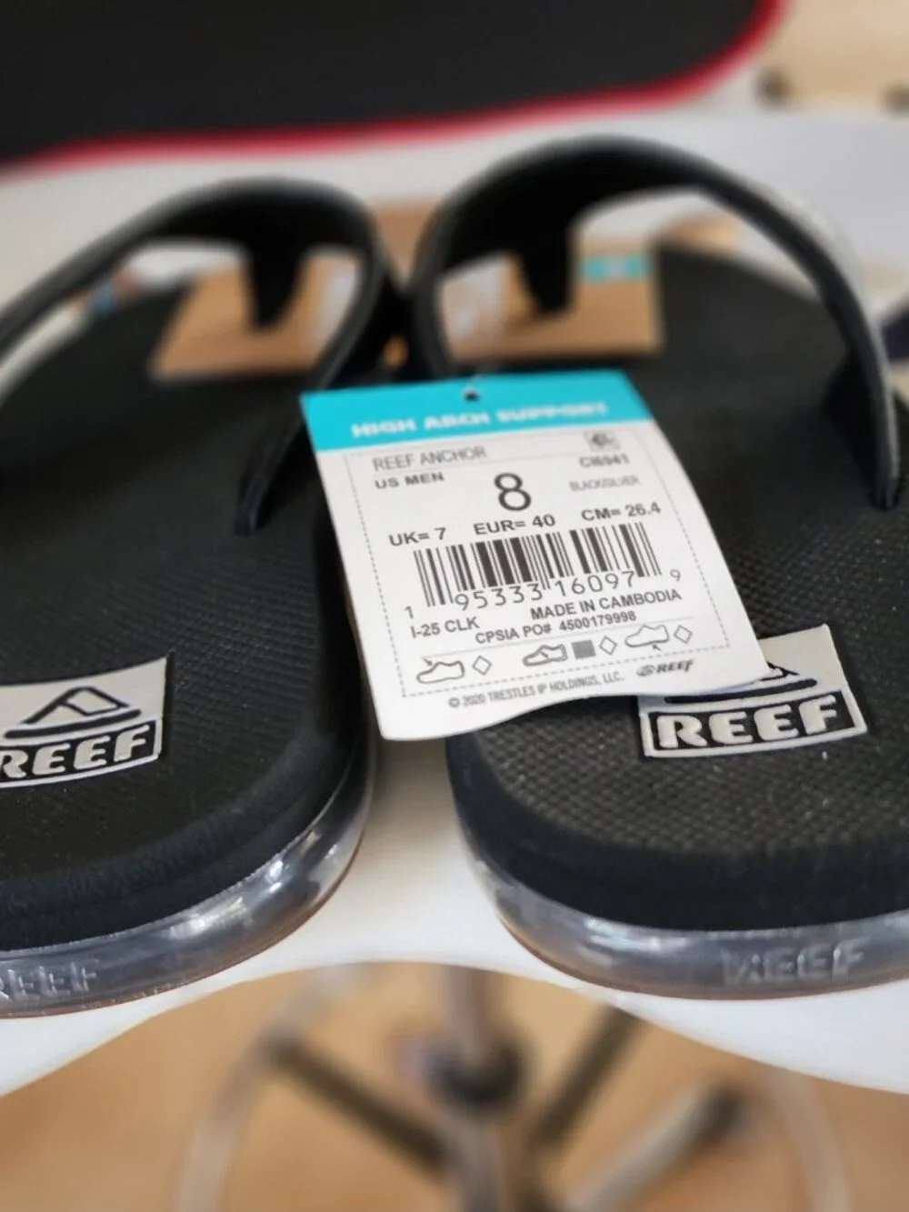 Reef Anchor High Arch Support Black/Silver Sandal Flip Flop US Men's size US 8